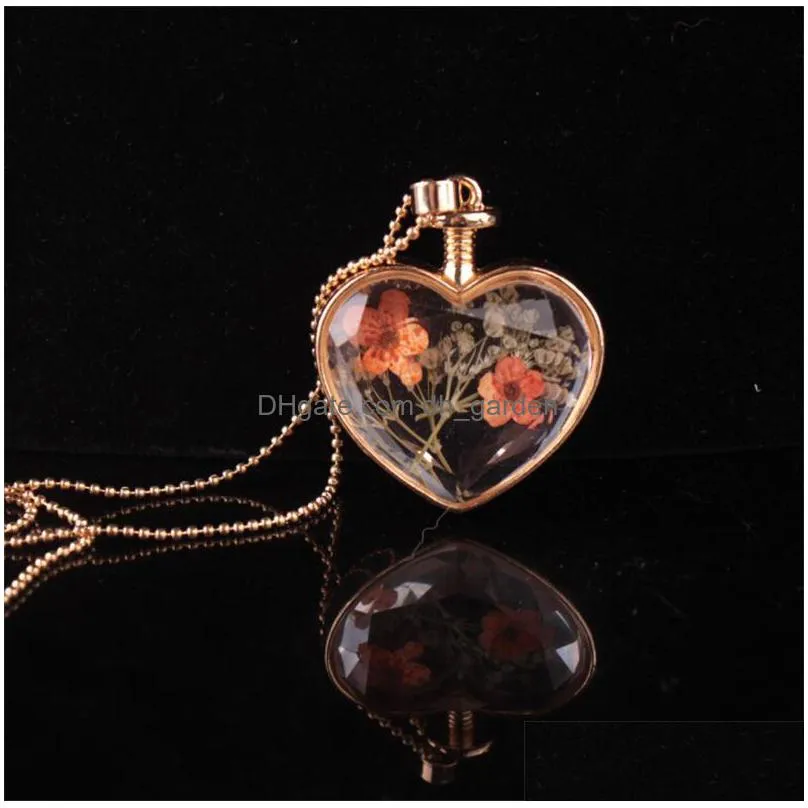 dry flowers pendant necklace heartshaped glass necklaces fine jewelry summer style long collares necklace perfume vial bottle