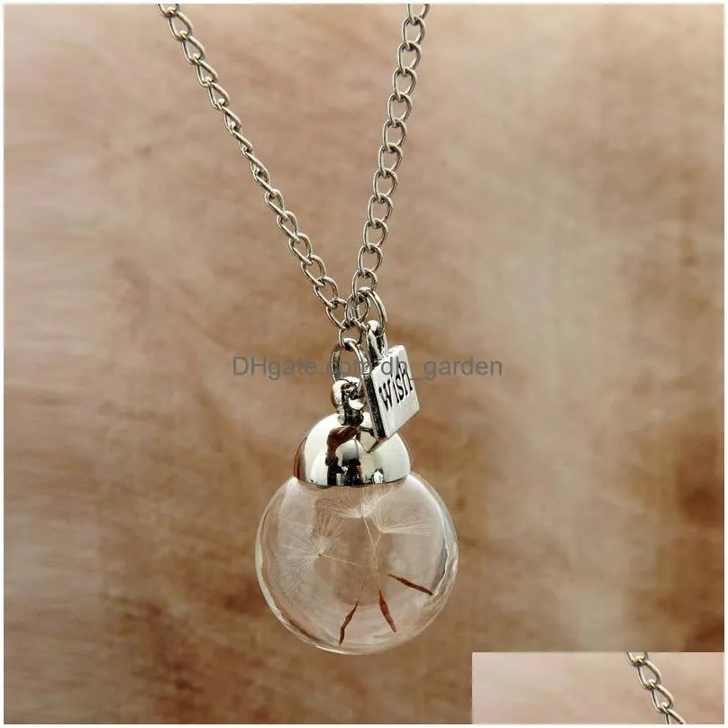 wish crystal necklace real dandelion pendants necklace glass round silver chain wish choker for women gifts