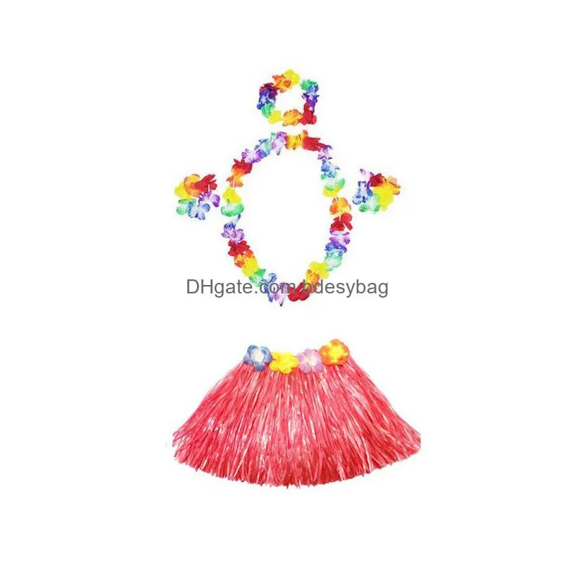 30 sets 30cm hawaiian hula grass skirt add 4pc lei set for child luau fancy dress costume party beach flower garland set za1581