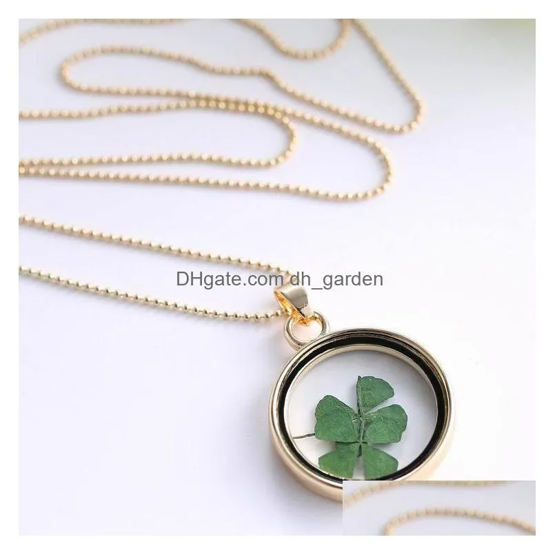 creative clovers gold plated multicolor dried flower round pendant clover floating locket charms necklace pendant for woman gift