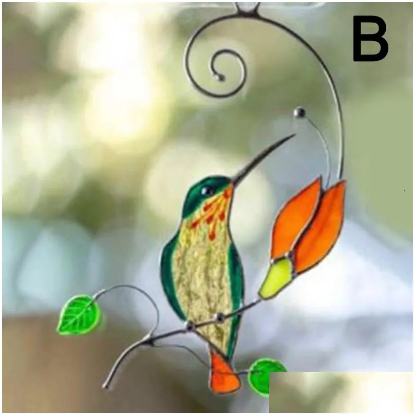 Decorative Objects & Figurines Decorative Objects Figurines 1Pc Metal Stained Glass Handicraft Garden Window Balcony Hummingbird Yard Dh7Np