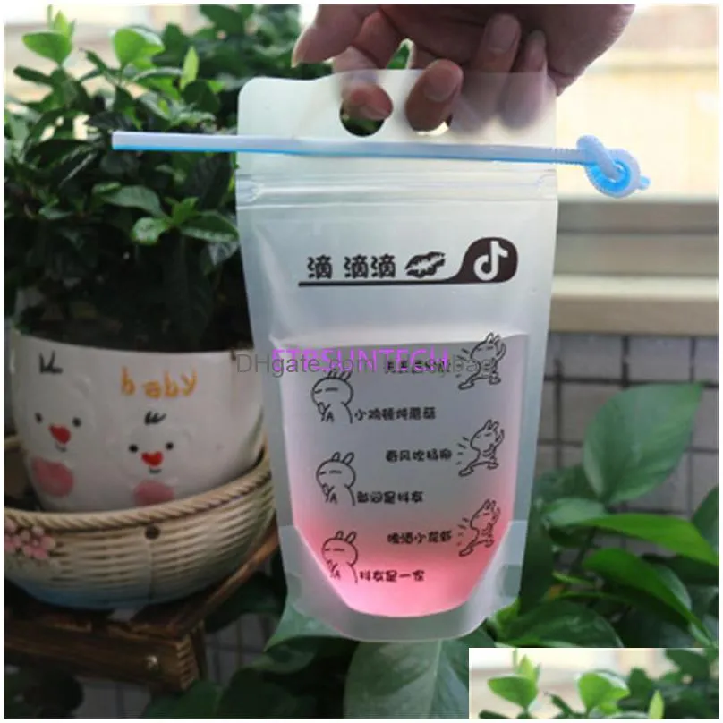 450 ml 7 style plastic drink packaging bag pouch for beverage juice milk coffee with handle and holes for straw lx0608