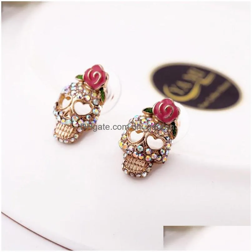 cute pink rose skull ear studs rhinestone rose skeleton earrings fashion jewelry ear stud for women girls