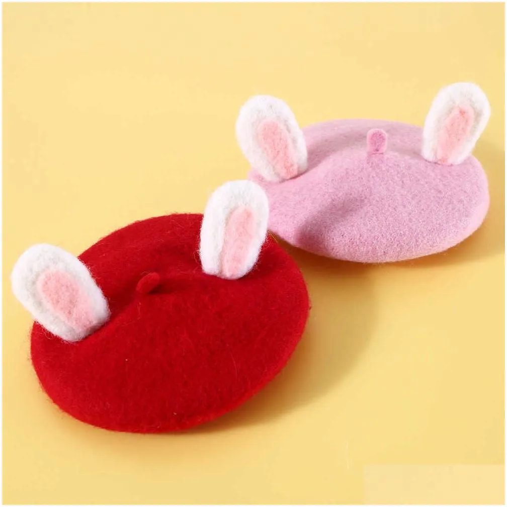 Cat Costumes Cat Costumes Cute Christmas Costume Hair Accessory Po Props Holiday Pet Hat Pink Rabbit Ear Dog Red Beret Wool Headband B Dhqa9