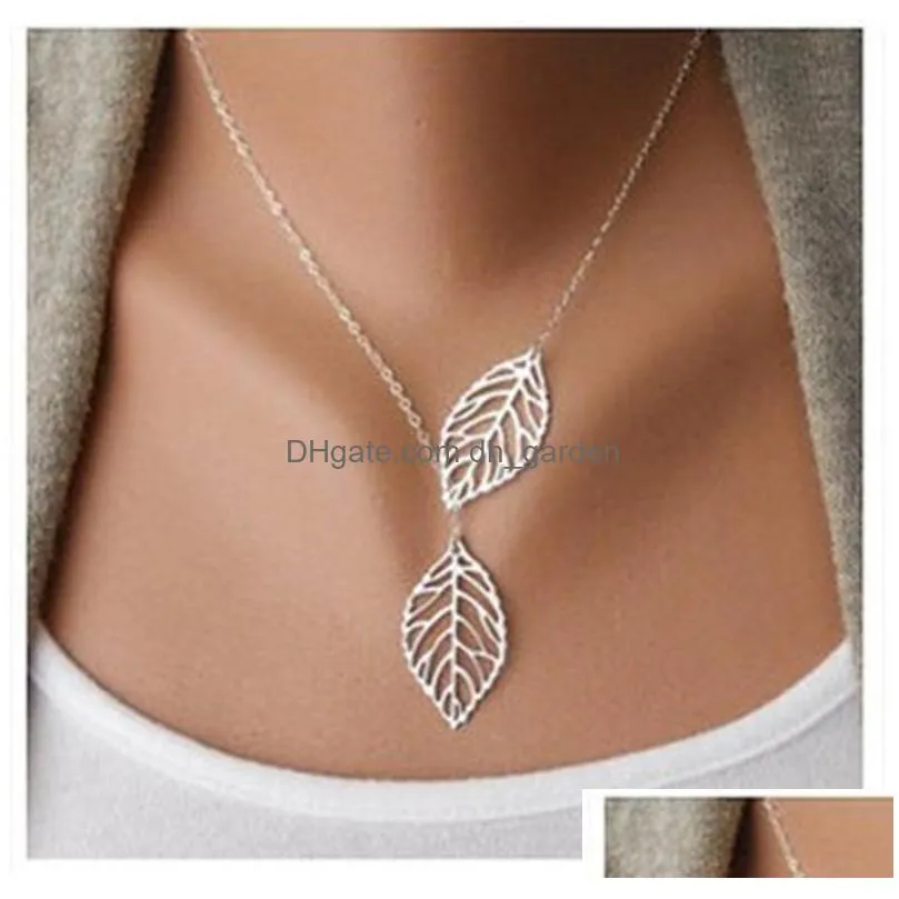 simple style new fashion vintage punk necklace gold hollow two leaf leaves pendant necklace clavicle chain charm jewelry for women