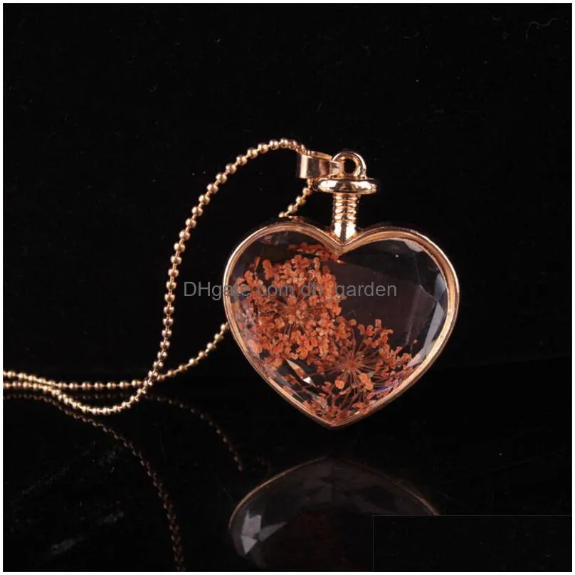 heart shape lampwork glass necklaces aromatherapy pendant necklaces jewelry perfume vial bottle dry flowers pendants necklace