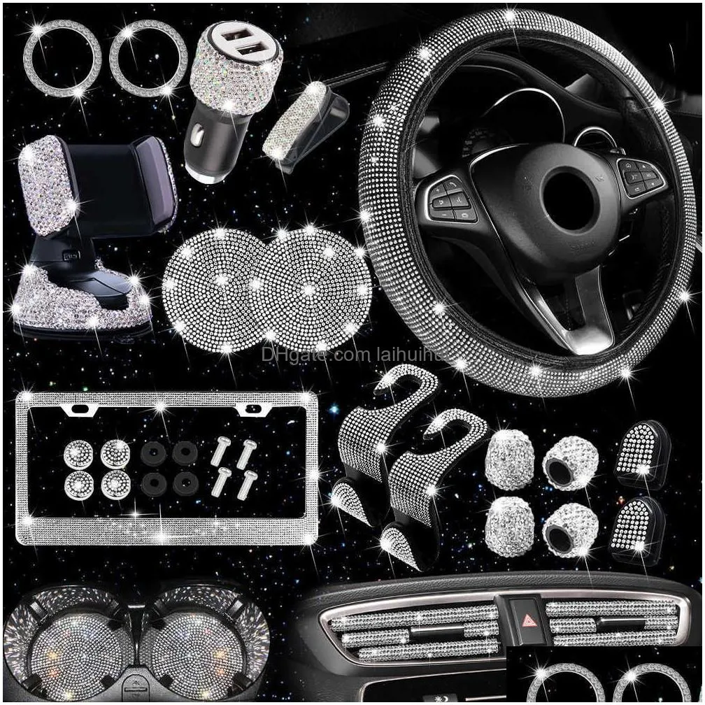  27pcs bling car accessories set for women steering wheel cover license plate frame car vent decor phone holder hook usb c loading=