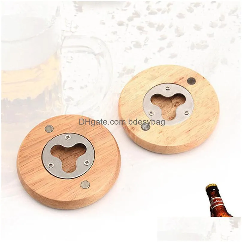 new wooden round shape bottle opener coaster fridge magnet decoration beer bottle opener factory wholesale lx2720