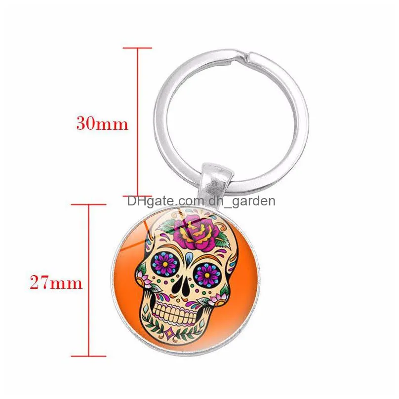 skeleton time gem cabochon key chain sugar candy skull head keyrings skull pattern key ring fashion jewelry gifts