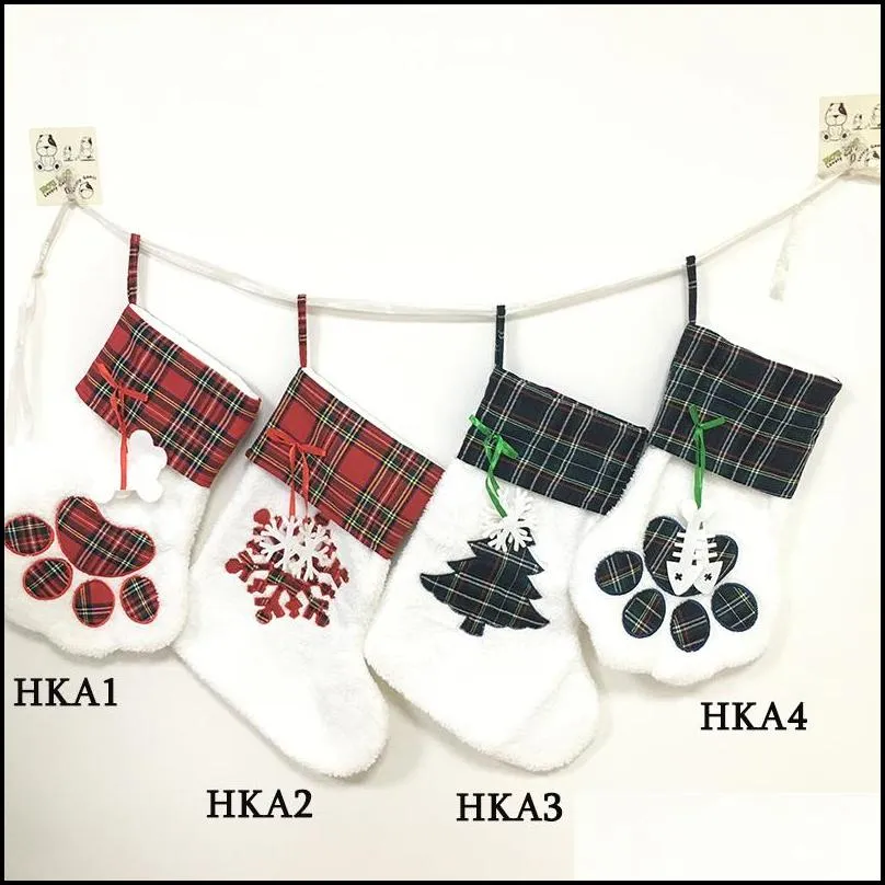 christmas stocking pet cat paw sock cotton red grid stockings xmas tree hanging pendent children candy gift bag