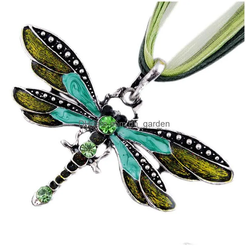 enamel dragonfly pendant necklace lace wax rope chain bohemian statement crystal dragonfly necklace for women jewelry
