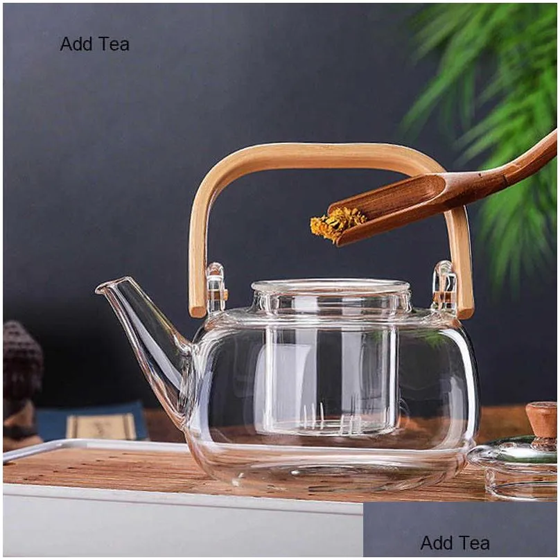 BORREY Handle Glass Teapot Heat-Resistant Flower Tea Kettle Large Clear Fruit Juice Container Ceramic Holder Base 210621