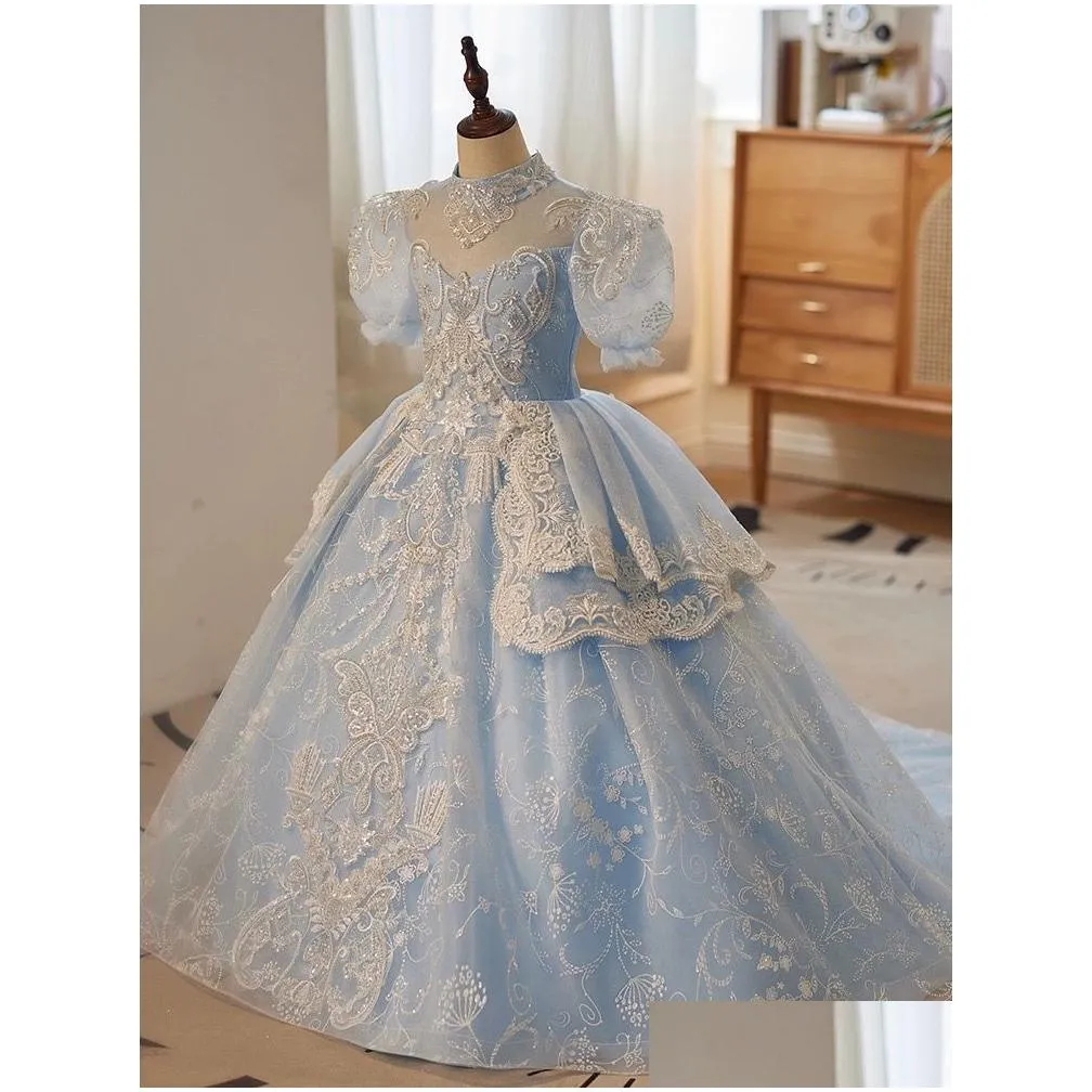 Flower Girls` Dresses 2023 Blue Scoop Flower Girl Dresses Hand Made Flowers Tle Little Babys Wedding Luxurious Communion Pageant Dress Otde2