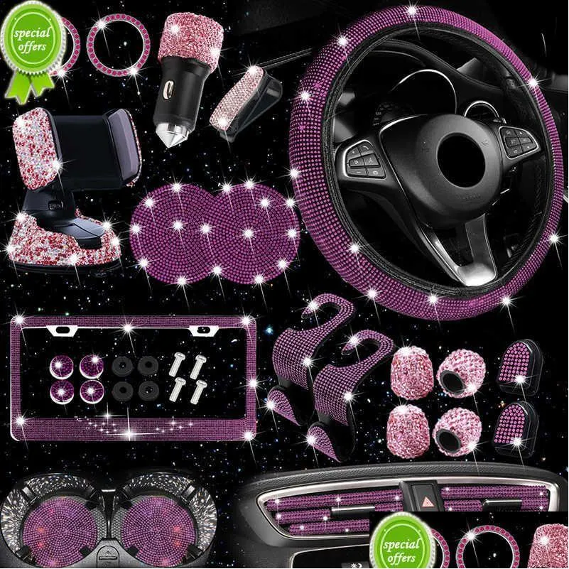  27pcs bling car accessories set for women steering wheel cover license plate frame car vent decor phone holder hook usb c loading=