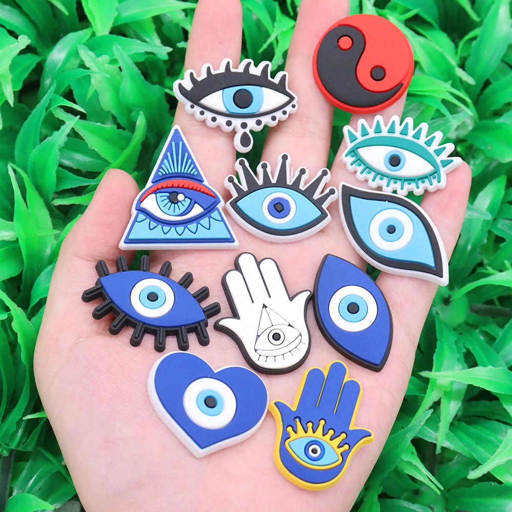 mixed 50pcs pvc devil eyes shoes charms eye heart hand tai chi buckle clog ornaments croc jibz fit wristbands kids decorations