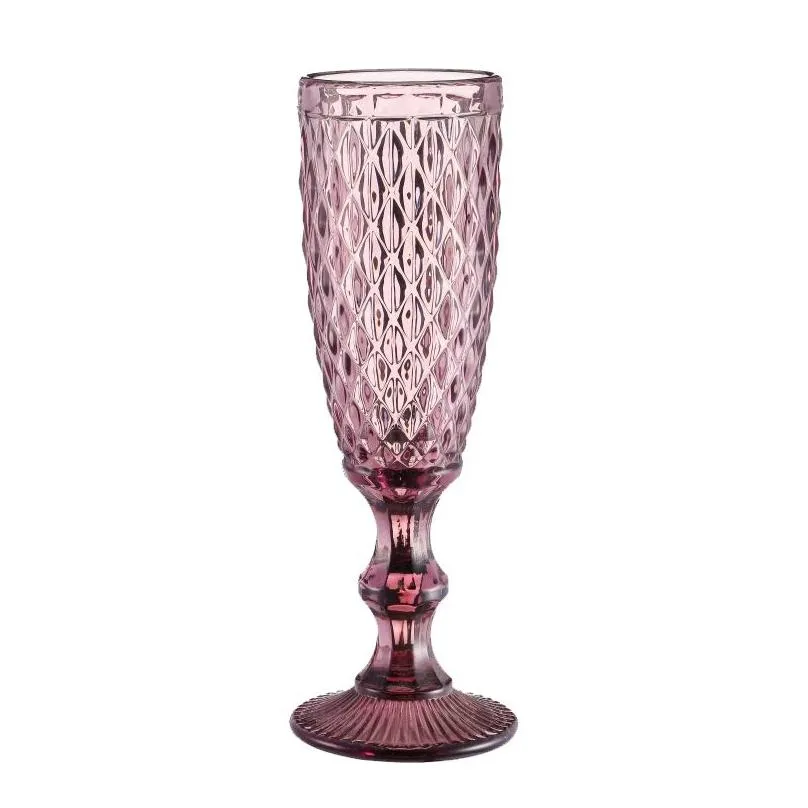 Wine Glasses 150Ml Wine Glasses Cup Colored Glass Goblet With Stem Vintage Pattern Embossed Romantic Drinkware Slim 200Mm Height Tumbl Dh95C