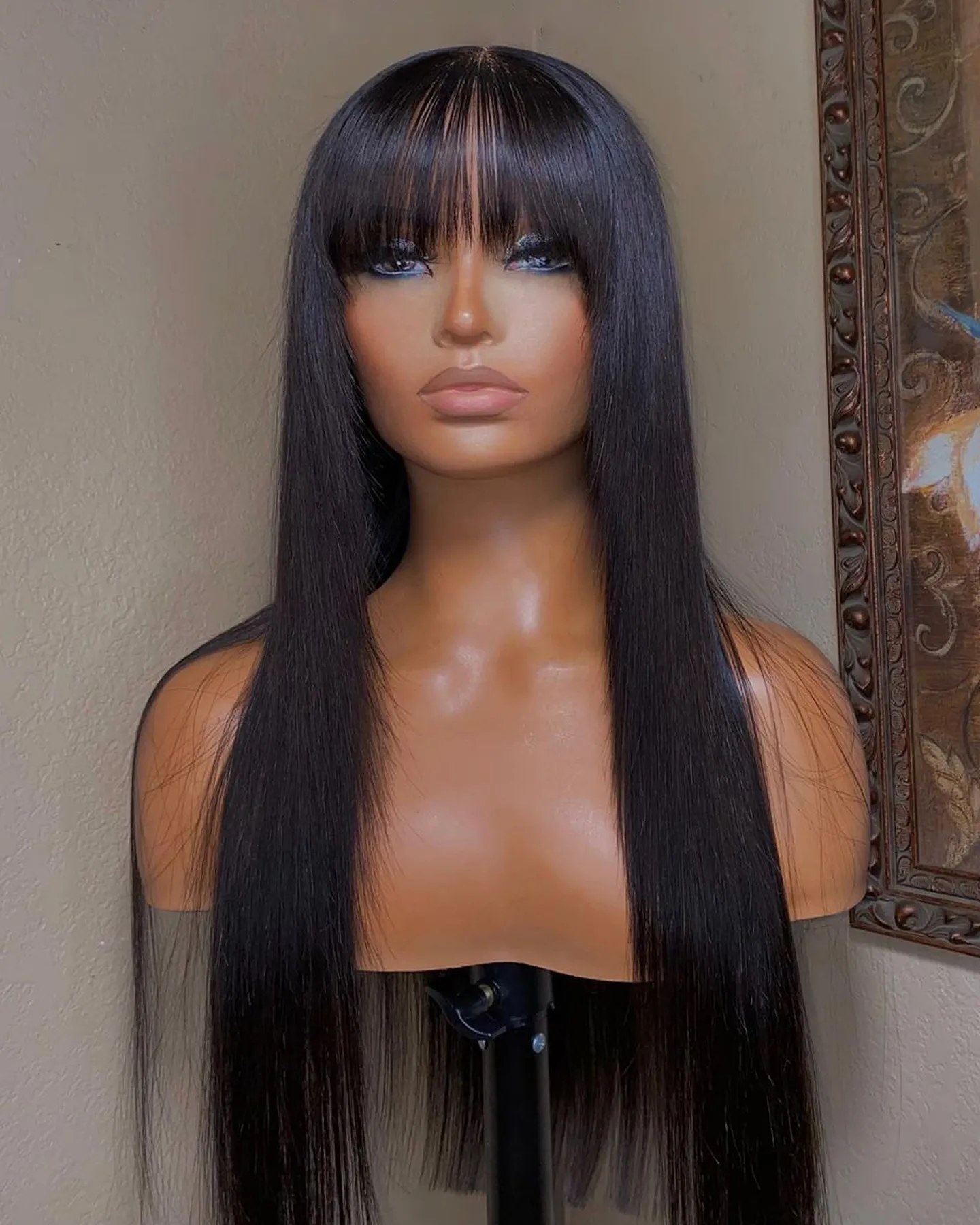Brazilian Hair Straight Wig With Bangs Fringe Bob Human Hair Wig For Women Glueless None Full Lace Wig Synthetic Heat Resistant
