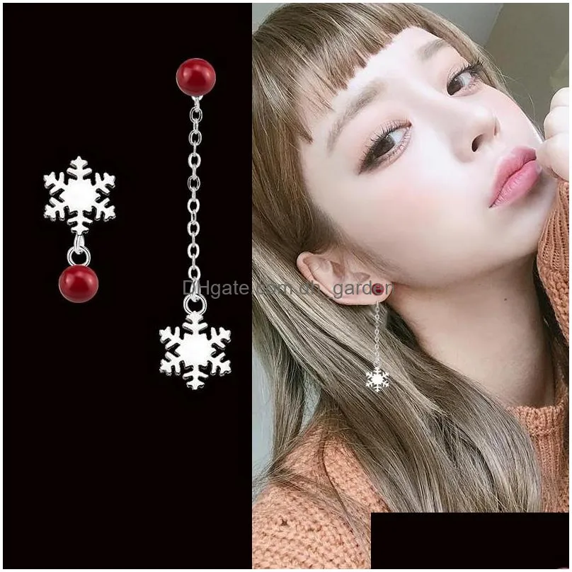 s925 silver earrings red simulated pearl snowflake drop earrings asymmetry chain jewelry for women girls christmas gift