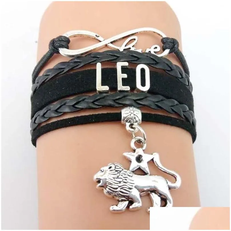 handmade vintage bracelets for women zodiac signs infinity love 12 constellation virgo scorpio men charm leather braided chain jewelry