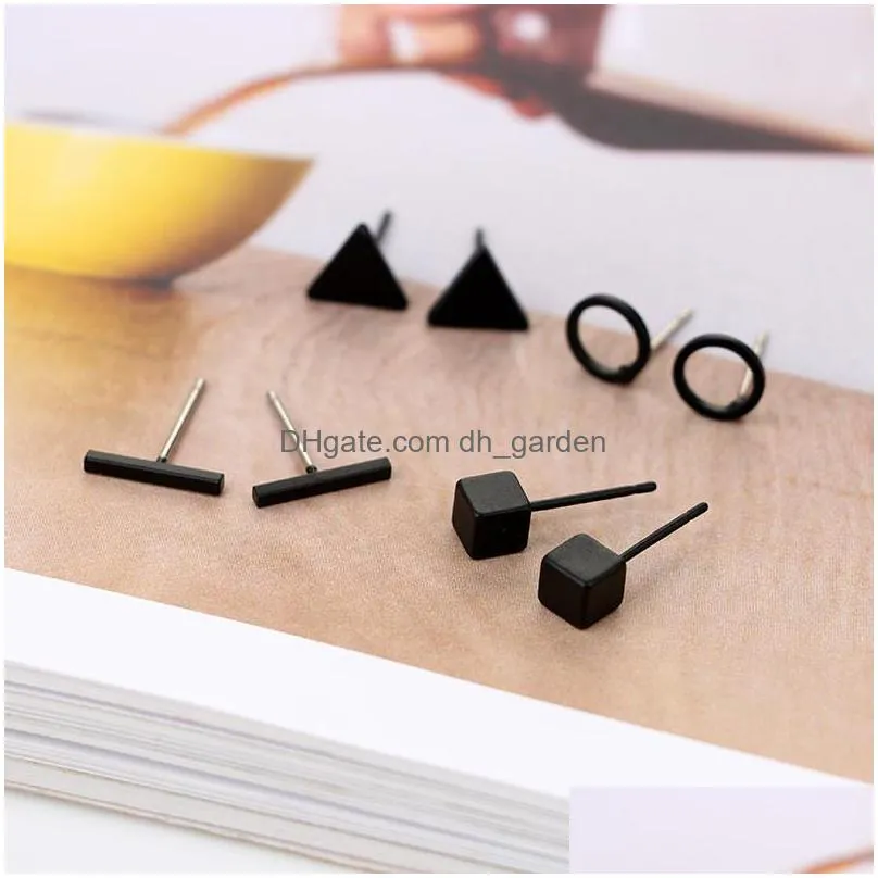 new round triangle studs earrings shaped silver gold black color alloy stud earring for women ear jewelry 4 pairs