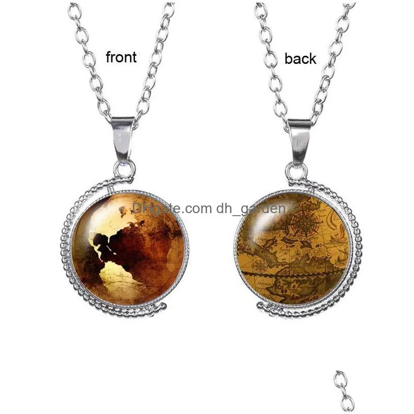 vintage double sided necklace world map necklaces pendants jewelry glass cabochon rotatable earth pendant choker for women