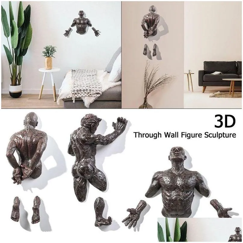 3d through wall figure sculpture resin electroplating imitation copper abstract character ornament statue living room home decor