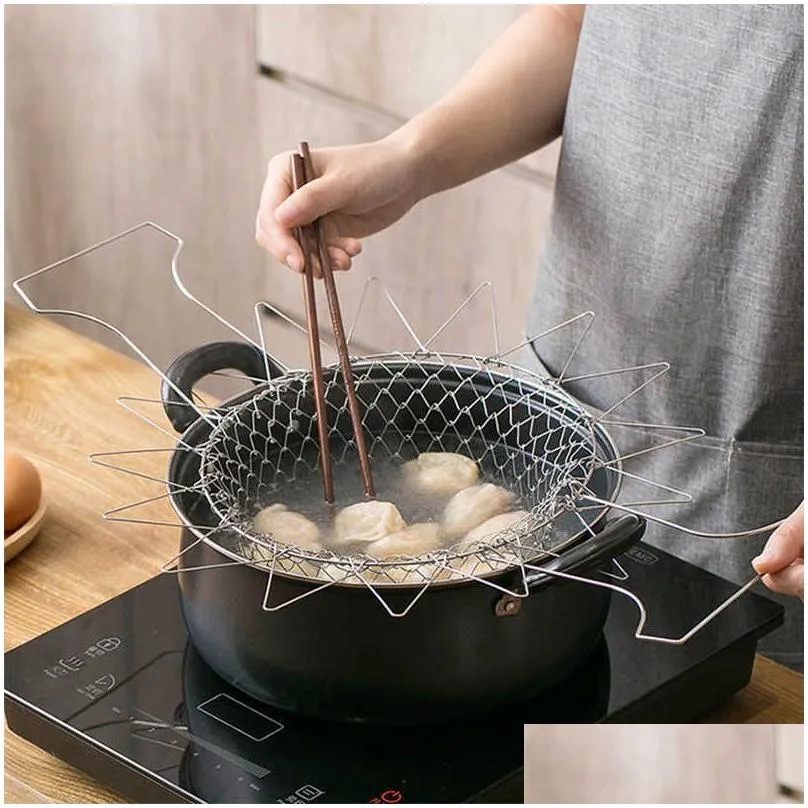 Foldable Steam Rinse Strain Stainless Steel Folding Frying Basket Colander Sieve Mesh Strainer Kitchen Cooking Tools Accessories