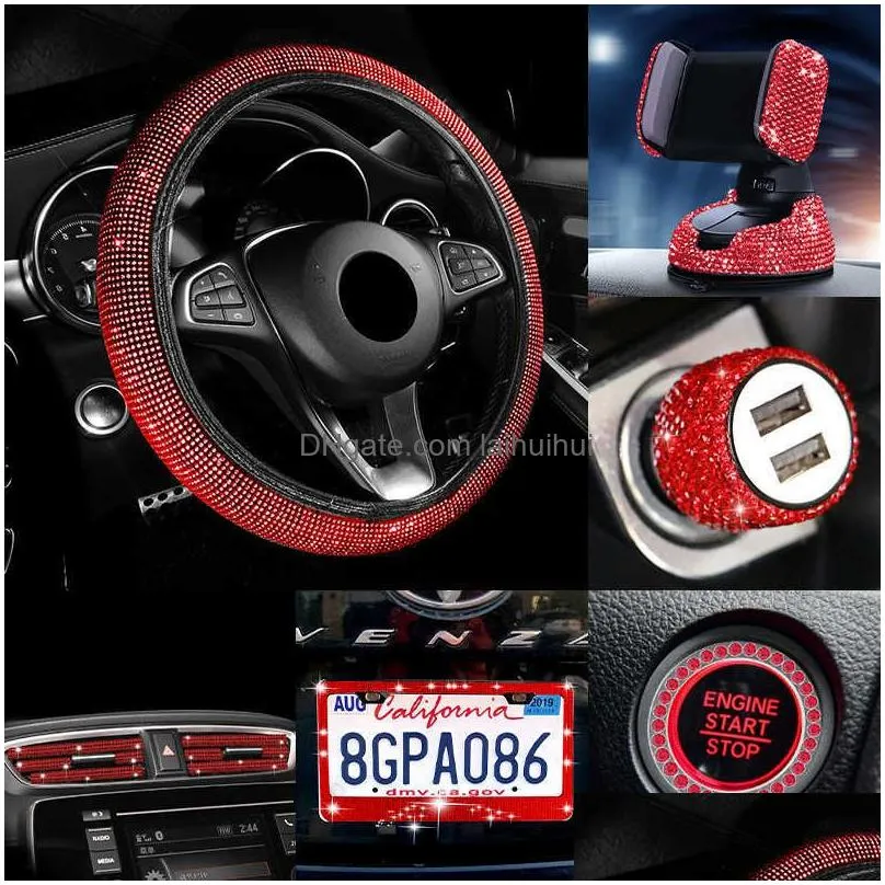  27pcs bling car accessories set for women steering wheel cover license plate frame car vent decor phone holder hook usb c loading=