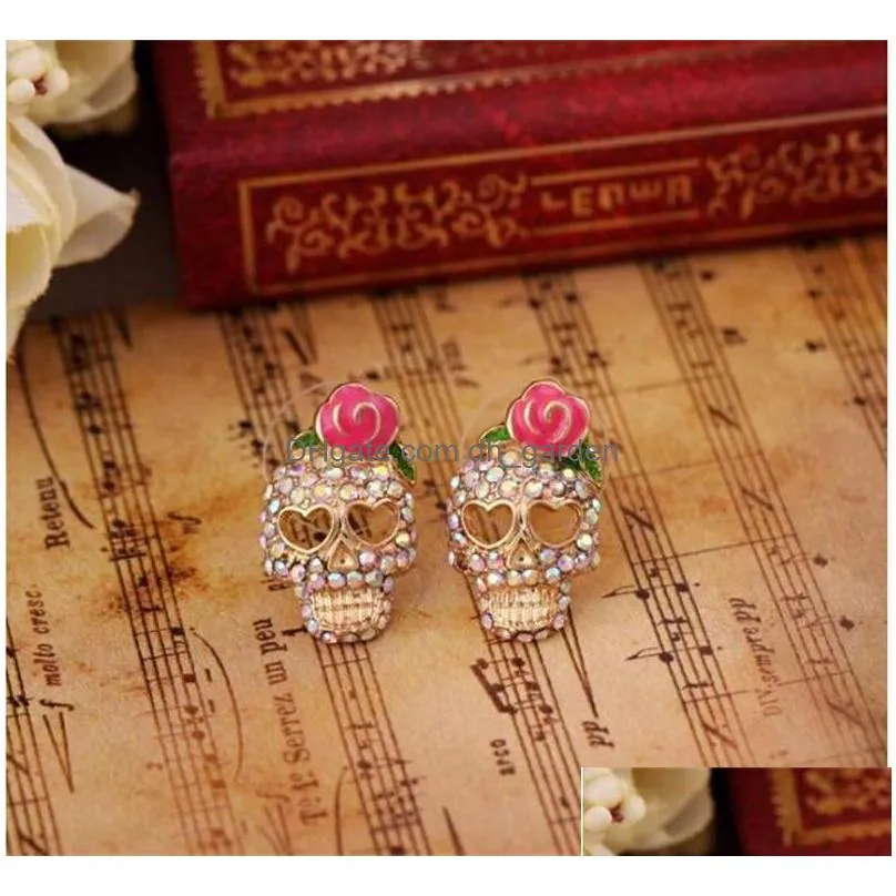 cute pink rose skull ear studs rhinestone rose skeleton earrings fashion jewelry ear stud for women girls