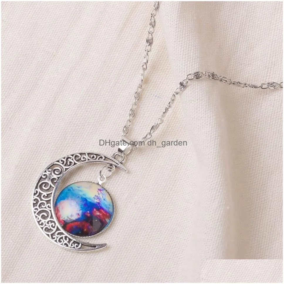 vintage starry moon pendant outer space universe gemstone necklaces fashion starry moon necklace for girl gifts