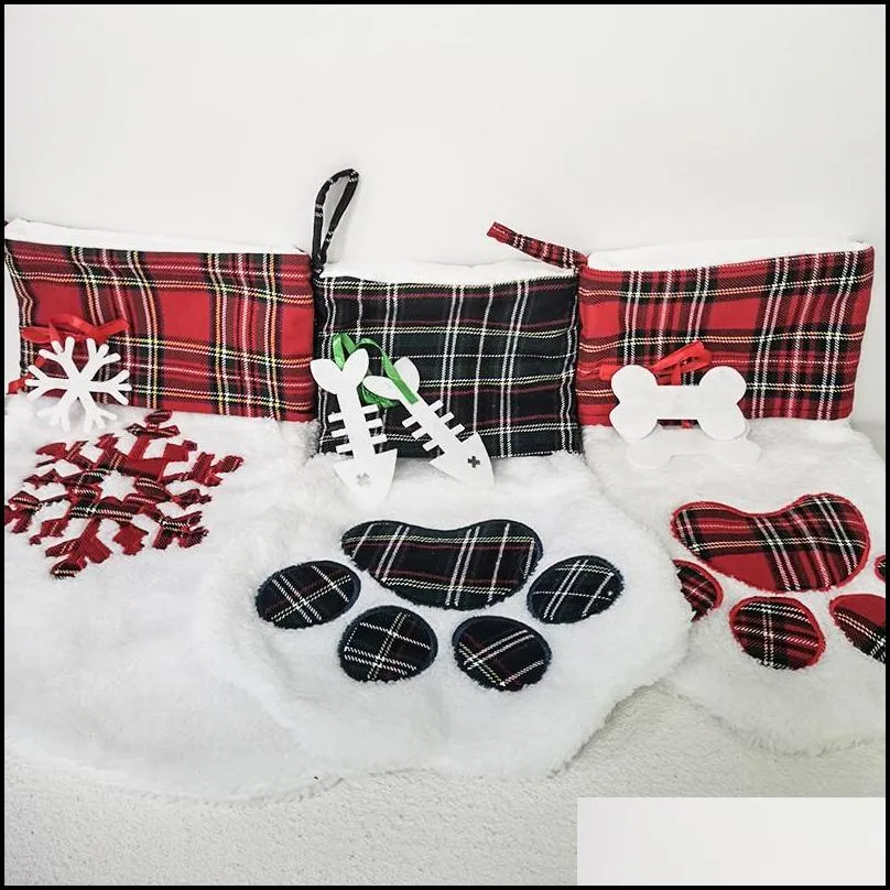 christmas stocking pet cat paw sock cotton red grid stockings xmas tree hanging pendent children candy gift bag
