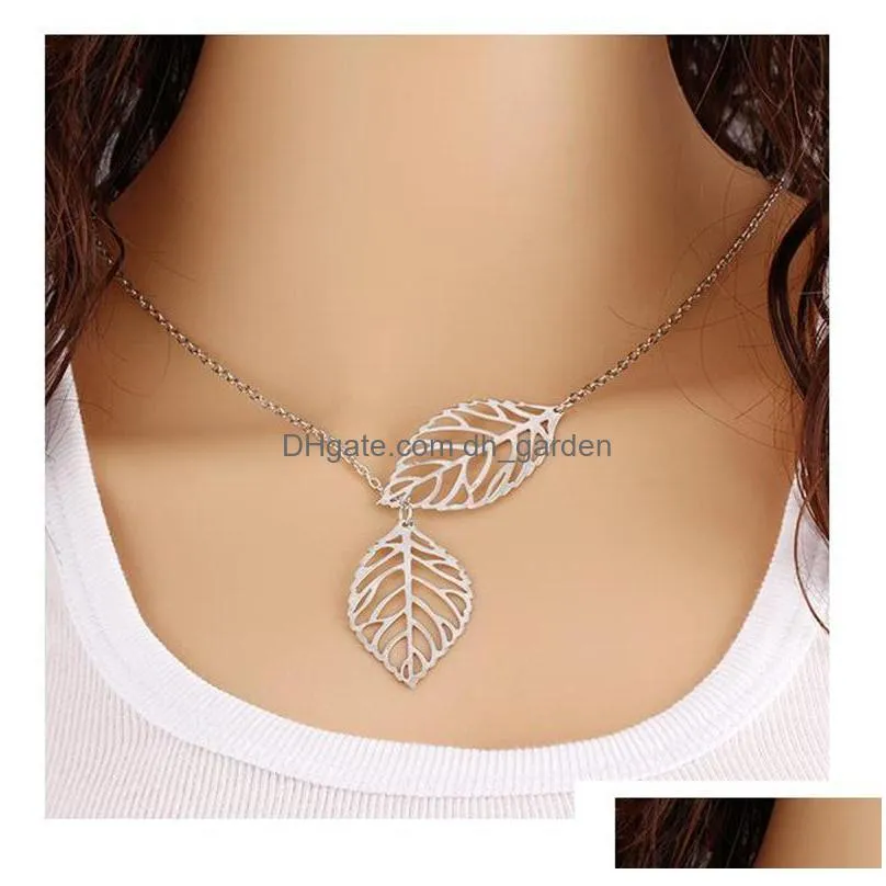 simple style new fashion vintage punk necklace gold hollow two leaf leaves pendant necklace clavicle chain charm jewelry for women