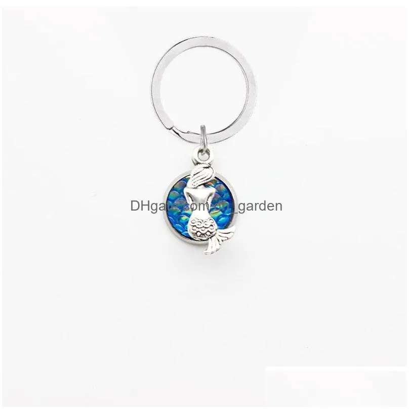 different color ocean sea mermaid fish scale cabochon charm key rings fashion jewelry keychains gift for girls and women
