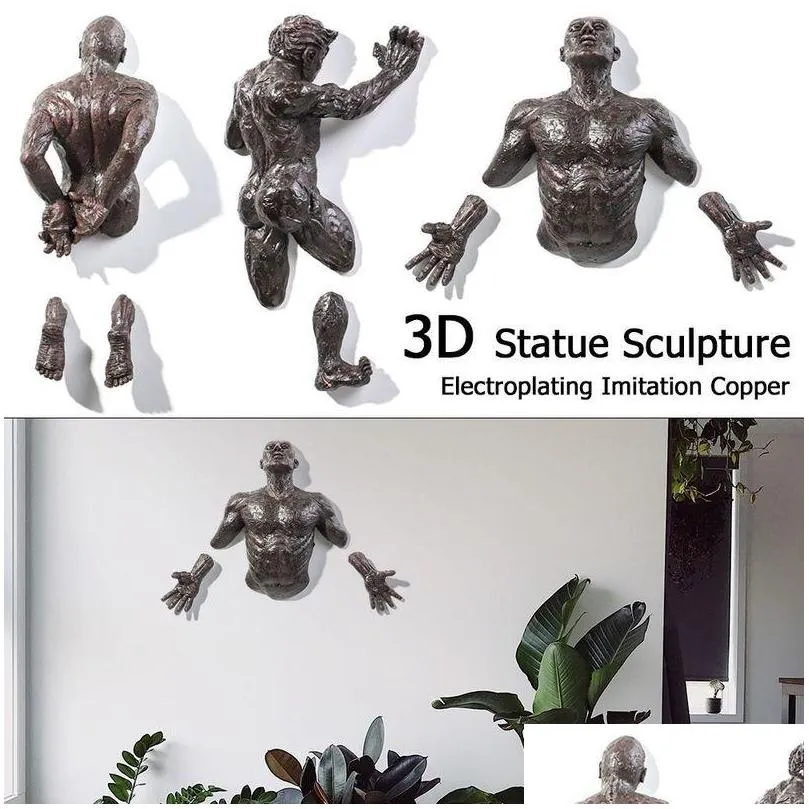 3d through wall figure sculpture resin electroplating imitation copper abstract character ornament statue living room home decor