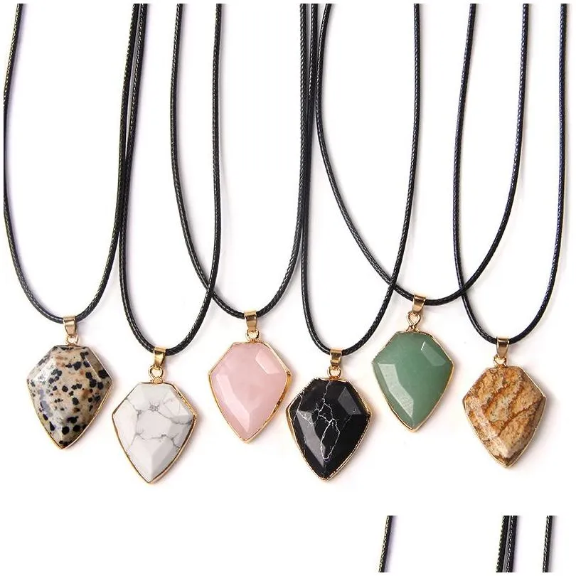 Gold Edged Natural Crystal Stone shield Shape Necklace Rose Quartz Hexgonal Pendant Necklace for Women Men Jewelry Gifts