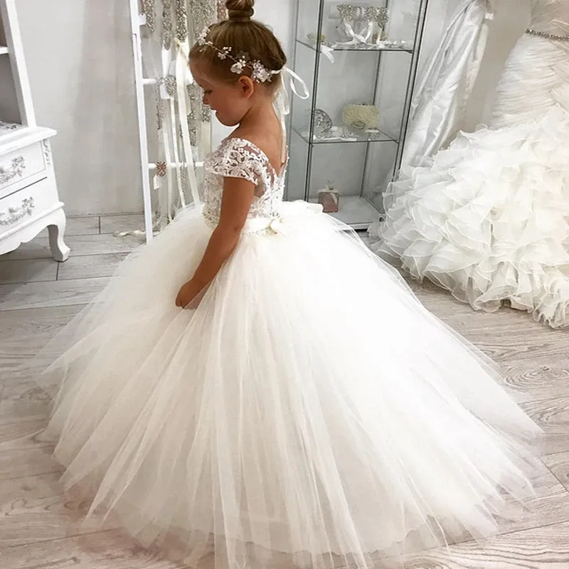 White Lace Wedding Flower Girl Dresses Crew Neckline Cap Sleeves Little Girls Pageant Birthday Ball Gowns Puffy Tulle Kids First Communion Formal Party Dress AL3572
