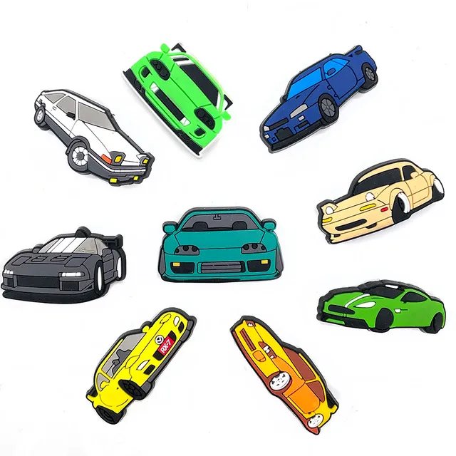 hot 1pcs jdm cool sports car pvc shoes charms funny diy cartoon accessories jibz for croc clogs shoe decorations man kids gifts