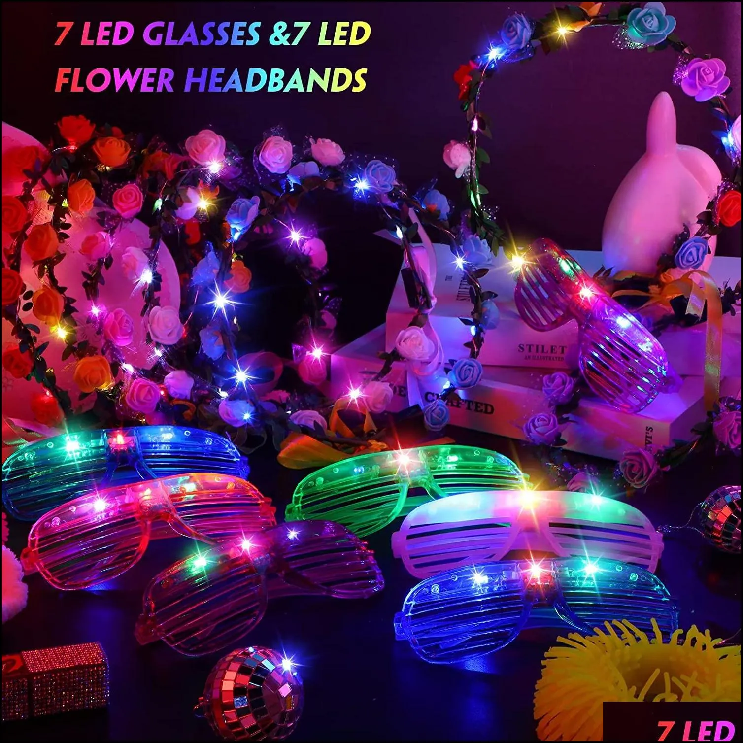 led light up party glasses flower crown decoration glow in the dark flashing headband eyewear for wedding birthday festival neon party