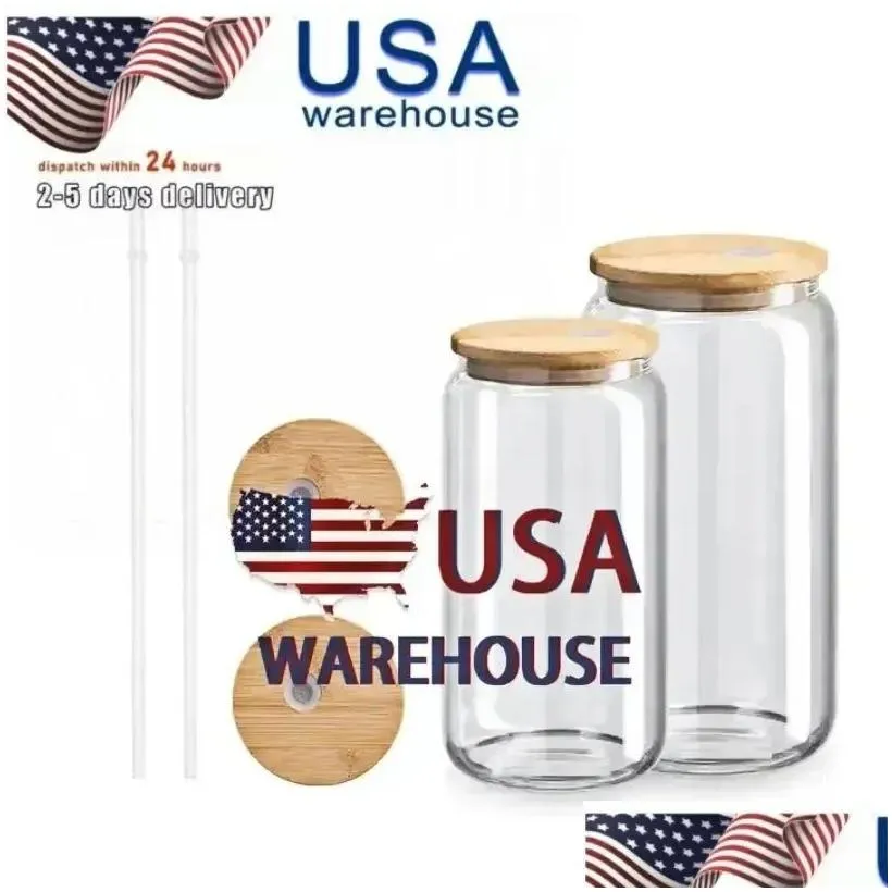 Mugs Us Ca Stock 16Oz Sublimation Glass Beer Mugs With Bamboo Lid St Tumblers Diy Blanks Frosted Clear Can Cups Heat Transfer Cocktail Dhyah