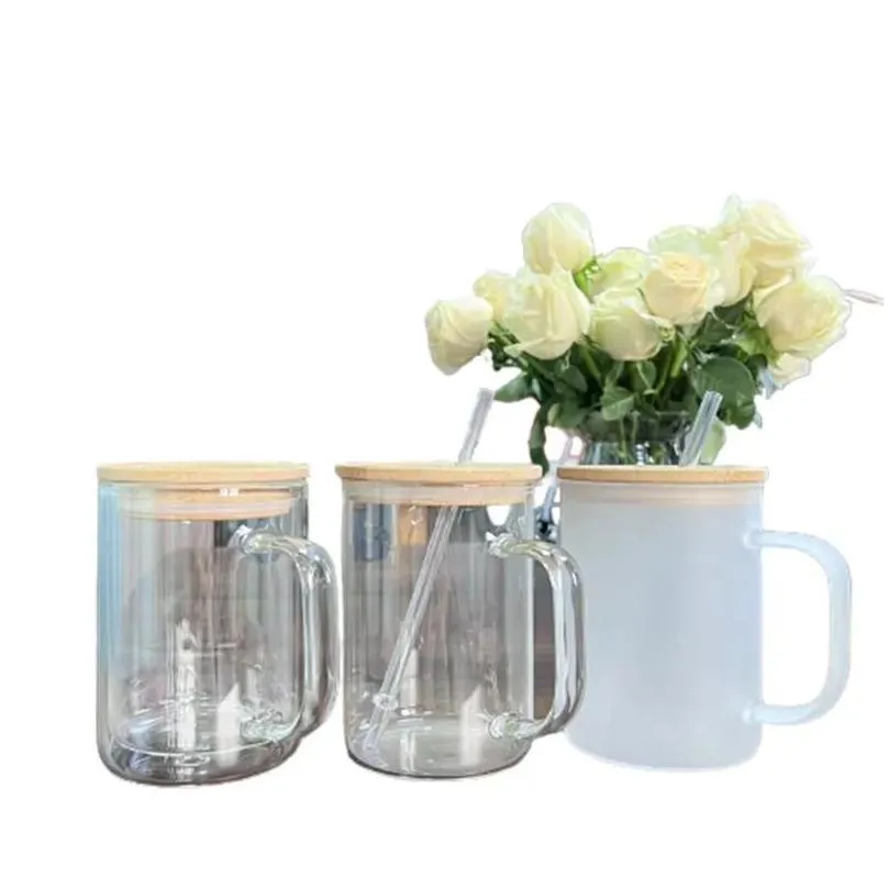 Mugs 16Oz Sublimation Glass Mugs Heat Transfer Blank Travel Outdoor Tumblers With Handle Bamboo Lid And St Drop Delivery Home Garden K Dhjjs