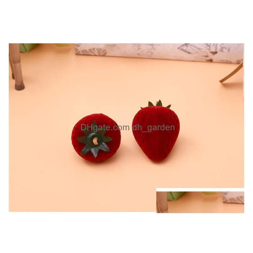 new fashion mini strawberry earring stud pendant case little girl red form velvet ring trinkets protector flocking storage gift box