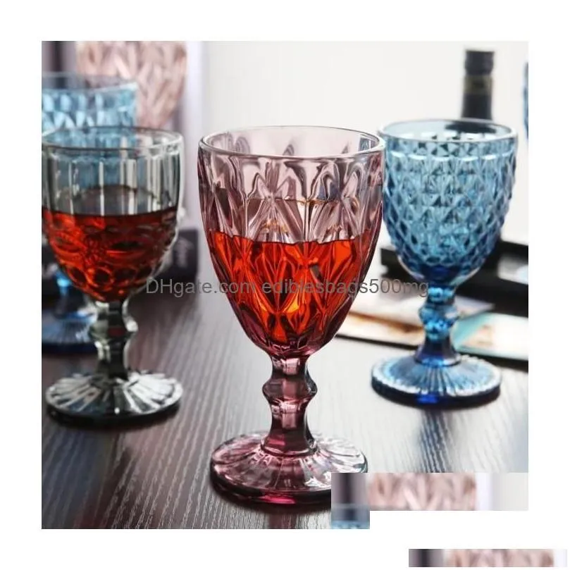 Wine Glasses Colored Water Goblets 10 Oz Wedding Party Red Glass For Juice Drinking Embossed Design Drop Delivery Home Garden Kitche