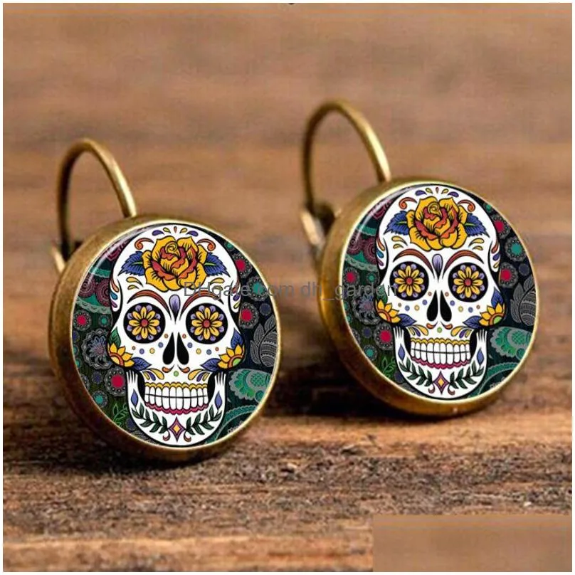 sugar skull earring halloween skull ear studs sugar skulls glass cabochon earrings jewelry gifts for uni