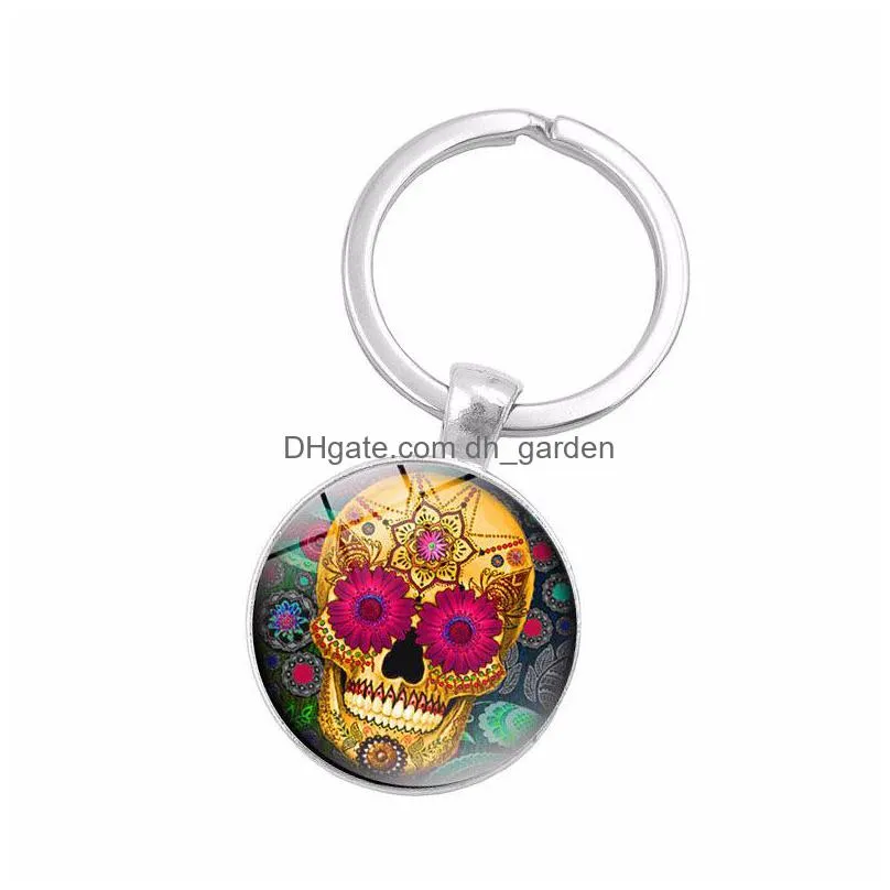 sugar candy skull head keyrings punk style skull pattern key ring skeleton time gem cabochon keychain