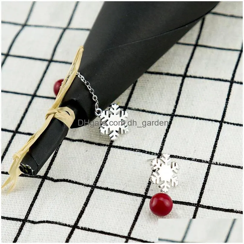 silver color round red simulated pearl under snowflake flower long earrings asymmetry chain ear stud jewelry for women girls christmas