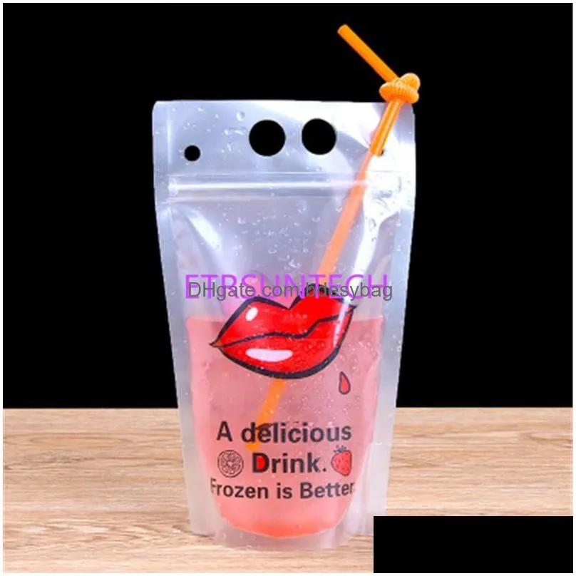 500ml new design plastic drink packaging bag pouch for beverage juice milk coffee with handle and holes for straw lx0741