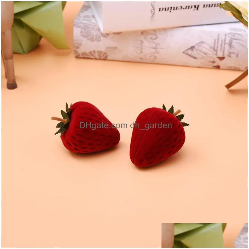 new fashion mini strawberry earring stud pendant case little girl red form velvet ring trinkets protector flocking storage gift box