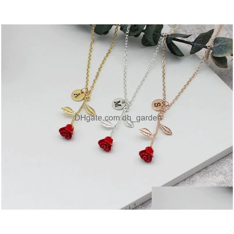 3colors red rose flower pendant necklace with letter attractile alloy statement necklaces cute jewelry best gift for girls