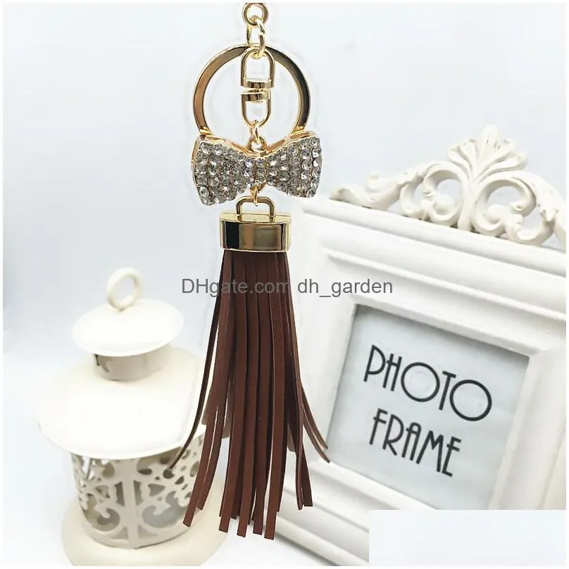 luxurious leather long tassels car hanging with bow key chains alloy key ring keychains jewelry for bags car phone decoration
