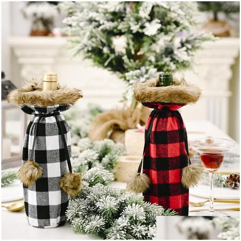  plaid wine bottle cover decorative faux fur cuff sweater wine bottle holder gift bags party ornament jk2009xb